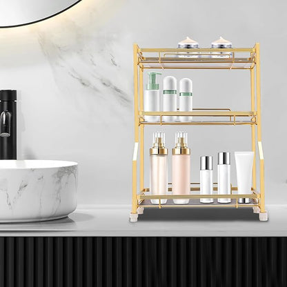 3 Tier Bathroom Countertop Organizer, Gold Bathroom Vanity Counter Organizer with Small Storage Basket for Skincare Makeup Perfume (Black)