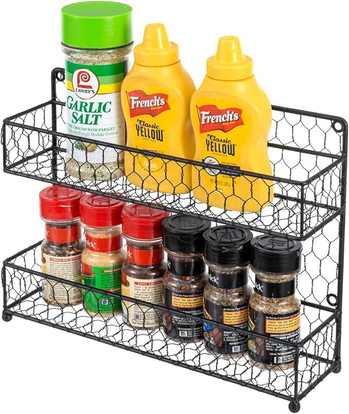 MyGift Spice Rack Wall Mount, Counter 2 Tier Spice Rack, over the Stove Seasoning Jar Storage Organizer, Black Metal Wire, Kitchen Farmhouse Style