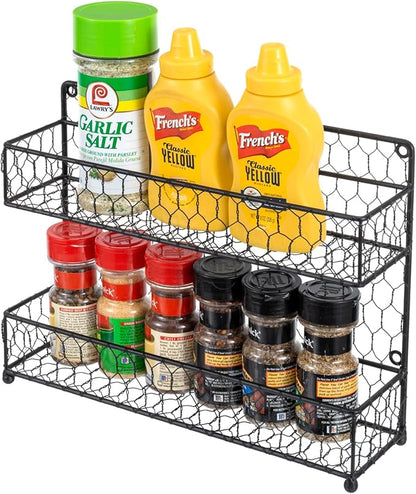 MyGift Spice Rack Wall Mount, Counter 2 Tier Spice Rack, over the Stove Seasoning Jar Storage Organizer, Black Metal Wire, Kitchen Farmhouse Style