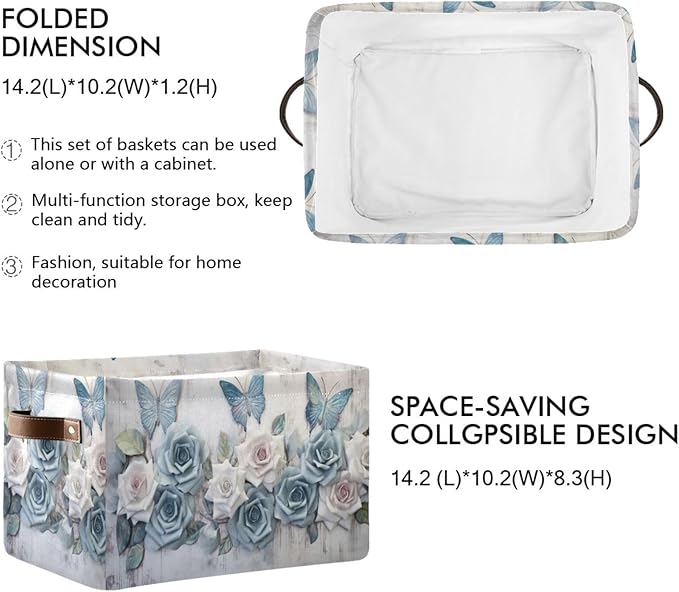 YETTASBIN Rose Butterfly Storage Basket 2pc, Large Collapsible Toys Clothes Organizer, Durable Canvas Storage Bin with Handle for Shelves Closet Laundry Home Office Decor