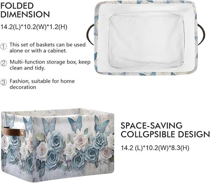YETTASBIN Rose Butterfly Storage Basket 2pc, Large Collapsible Toys Clothes Organizer, Durable Canvas Storage Bin with Handle for Shelves Closet Laundry Home Office Decor