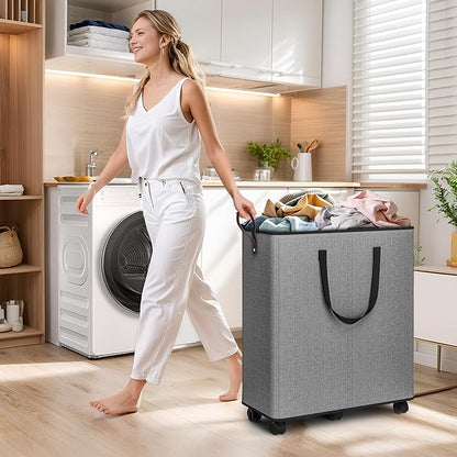 SpaceTrove Laundry Basket with Wheels, Collapsible Laundry Baskets, Laundry Hamper with Handles Detachable Wheels, Rolling Laundry Basket, Dirty Clothes Hamper for Bathroom, Dorm, Bedroom, Grey, 136L