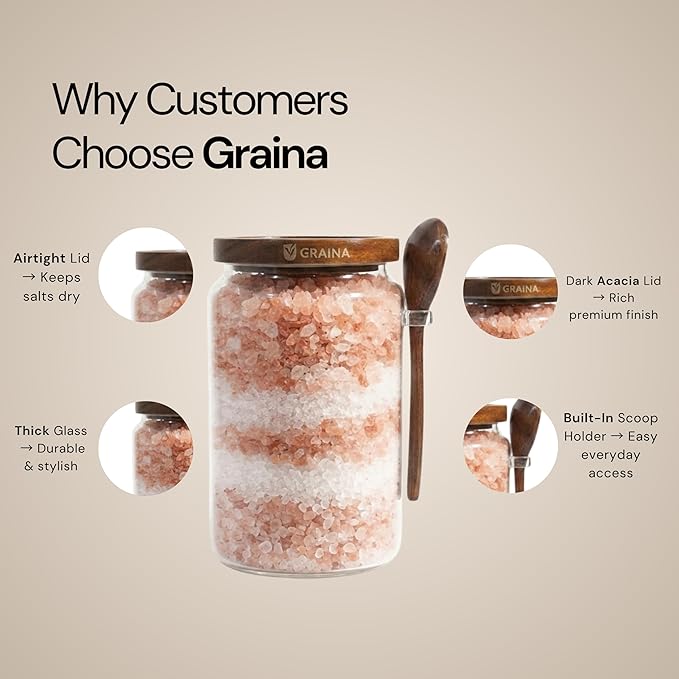 Large Bath Salt Container with Scoop | 74 oz Bath Salt Jar with Lid & Scoop | Airtight Glass Canister, Premium Dark Acacia Lid, Bathroom Storage, Sugar & Coffee Canister, Home Storage