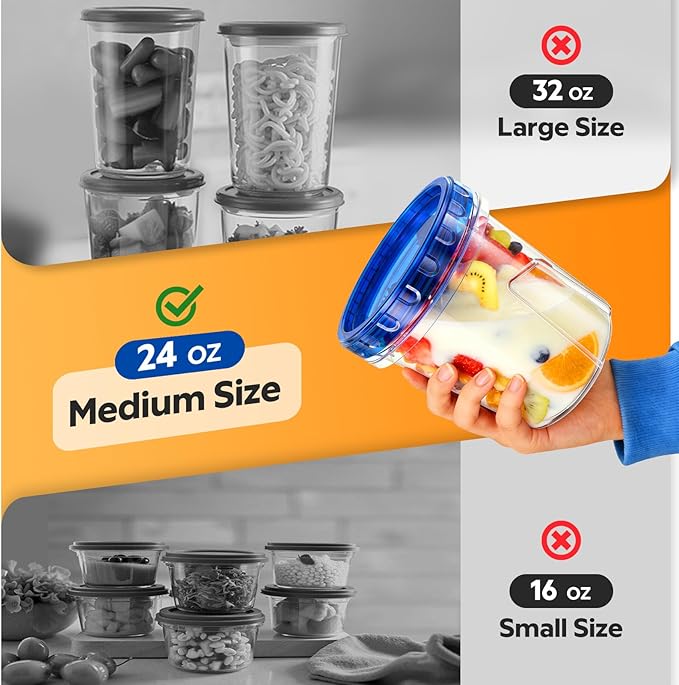 Freezer Storage Containers, [12 Pack-24 Oz] Airtight Plastic Food Storage Containers with Twist Top Lids, Soup, Meal Prep Containers | BPA Free | Stackable | Leakproof | Microwave/Dishwasher Safe
