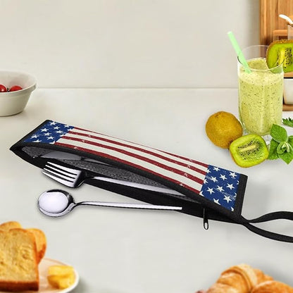 Cutlery Storage Bag Travel Silverware Cloth Bags for Travel Tableware Carrying Bag Travel Silverware Case Utensil Pouch Utensil Case,US Flag Blue and Red