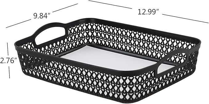 Large Plastic Shallow Storage Baskets Trays, Plastic A4 Desktop Basket, Black, 6 Packs