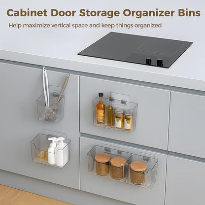 4 PCS Cabinet Door Organizer Bins, Clear Plastic Hanging Storage Baskets with Adhesive Hooks, Wall Mount Organizer for Bathroom, Fridge, Kitchen Pantry, Under Sink Drawer Organizer, Drain Holes