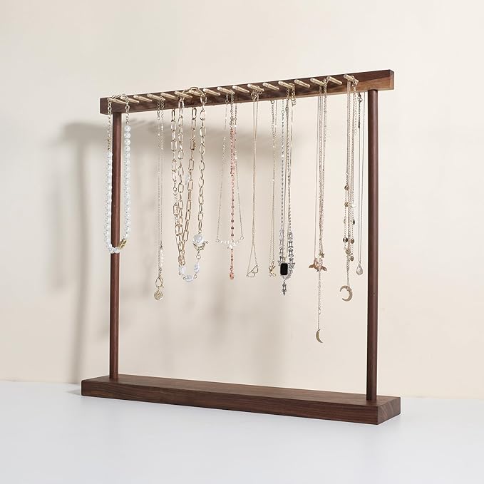 Large necklace hanger shelf with 17 copper bars, Wooden jewelry storage organizer rack for hanger necklace bracelet, necklace display stand for boutique store【Walnut】