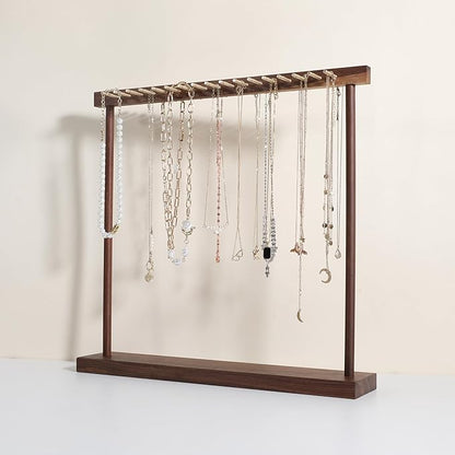 Large necklace hanger shelf with 17 copper bars, Wooden jewelry storage organizer rack for hanger necklace bracelet, necklace display stand for boutique store【Walnut】