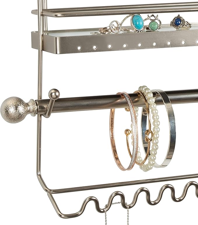 Home Details Wall Mounted Jewelry Organizer | Dimensions: 14.6"x 3.9"x 15.6" | 2 Tier Mirror | Home Organization | Great for Bracelets | Necklaces | Earrings | Mirror Based Shelf | Satin Finish
