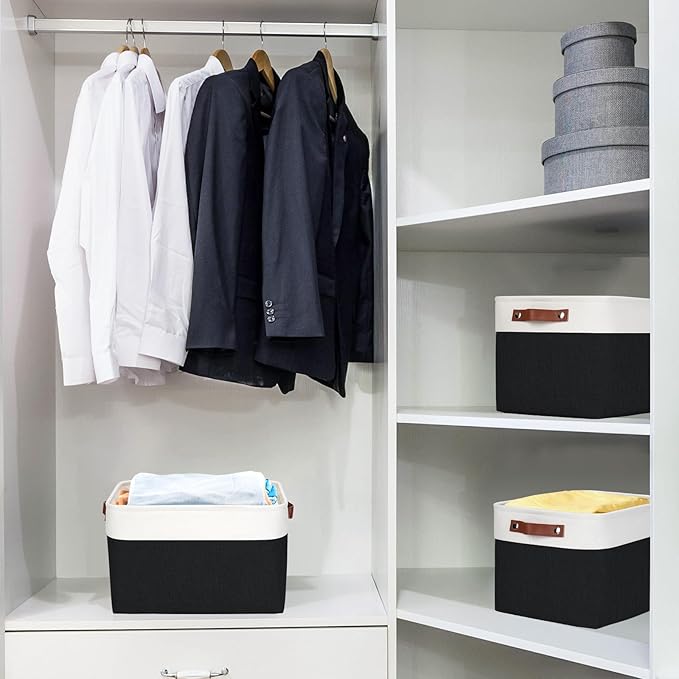 Bagnizer Storage Bins Large Fabric Storage Baskets for Shelves 3 Pack, Decorative Linen Closet Baskets with Handles for Organizing, Shelf, Clothes, Home, Office, 15x11x9.5Inches (Black&White)
