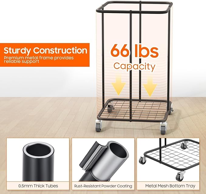 150L Laundry Hamper with Wheels, Rolling Laundry Basket with Metal Frame and Removable Bag, Large & Tall Dirty Clothes Hampers for Bedroom Aesthetic, Laundry Room, Bathroom, Dorm-Black