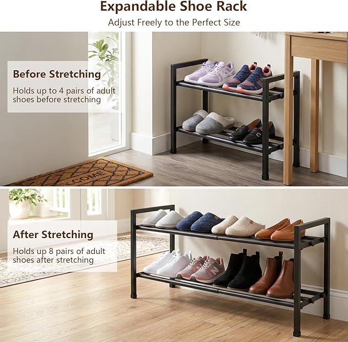 jessie 2-Tier Expandable Shoe Rack, Heavy Duty Metal Freestanding Shoe Shelf Storage Organizer for Entryway Closet Doorway (2 layer)