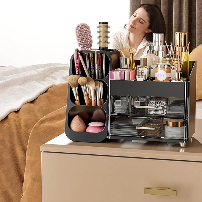 Makeup Organizer with Drawers for Vanity Bathroom Counter Organizers and Storage, Large Skincare Organizer with Brush Toothbrush Holder for Perfume, Nail Polish, Dresser, Office Supplies, Black