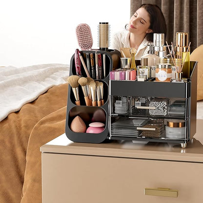 Makeup Organizer with Drawers for Vanity Bathroom Counter Organizers and Storage, Large Skincare Organizer with Brush Toothbrush Holder for Perfume, Nail Polish, Dresser, Office Supplies, Black