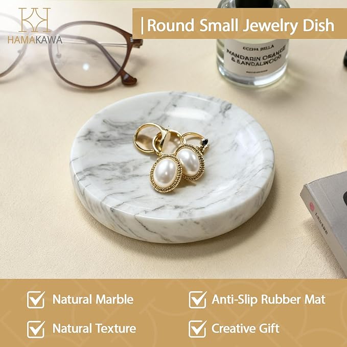 Natural Marble Soap Dish, Round Carrara White Jewelry Dish, Limestone Shower Soap Holder, Modern Stone Sponge Holder, Bar Soap Saver Tray for Bathroom, Kitchen, Easy to Clean