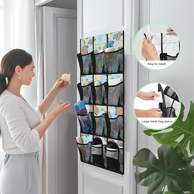 Cute Capibala Shoe Organizer Door Hanger for Dorm Room Essentials Large Capacity Door Hanging Shoe Organizer for Living Room,Mesh Fabric Wall Hanging Storage with 12 Pockets