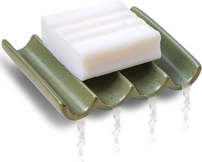 Ceramic Soap Dish, Draining Bar Soap Holder Tray, Soap Saver for Shower, Bathroom, Sink, Kitchen and Countertop, Decorative Square Soap Dish, Green 1 Pcs