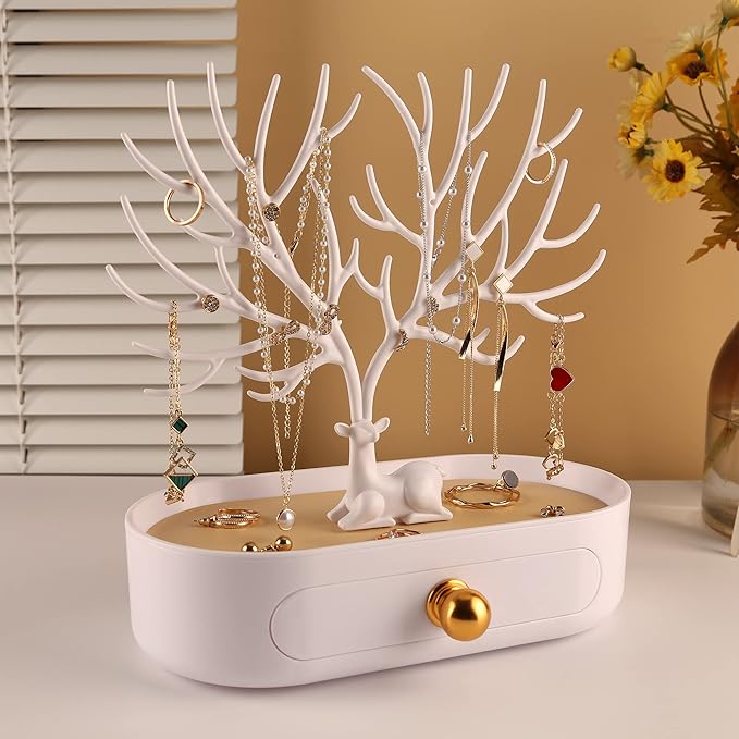 MORE&LESS Antlers Jewelry Display Stand with Aluminium alloy handle, Tree Tower Rack Hanging Organizer for Ring Earrings Necklace Bracelet, Deer Horn Tree Stand with Storage Drawer and Tray