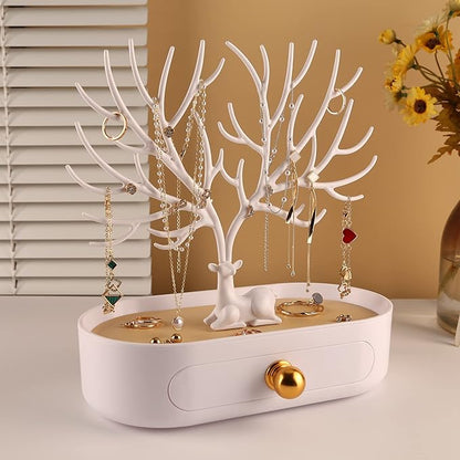 MORE&LESS Antlers Jewelry Display Stand with Aluminium alloy handle, Tree Tower Rack Hanging Organizer for Ring Earrings Necklace Bracelet, Deer Horn Tree Stand with Storage Drawer and Tray