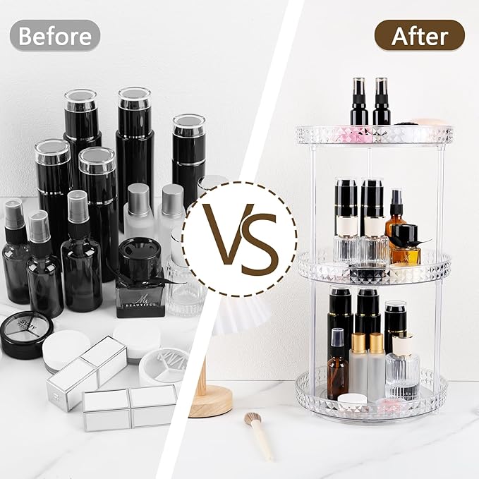 360 Clear Rotating Makeup Organize for Vanity,3 Tiers Lazy Susan with Diamond Pattern, Large-Capacity Skincare Organizers Cosmetic Display Case Organizer for Dresser (Clear White, 3Tiers)