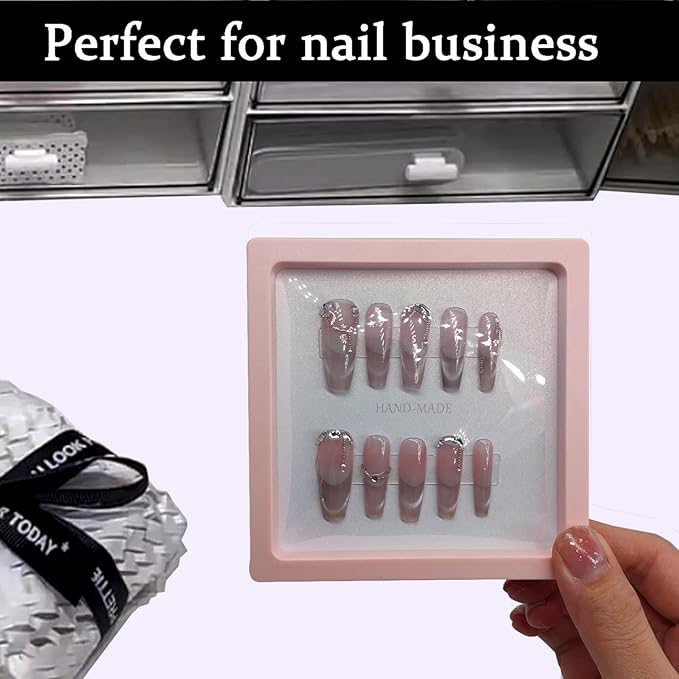 Press On Nail Packaging Boxes 3D Floating Press On Nail Storage Box Nail Display Box with 60pcs Double Sided Adhesive Nail Display Tape for Nail Tech (Pink, 4.3 inch)