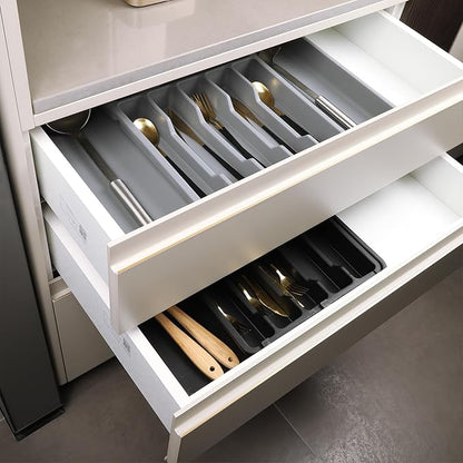 Houseware Expandable Kitchen Drawer Flatware Organizer,Silverware Organizer Utensil Drawer Cutlery Tray, Grey