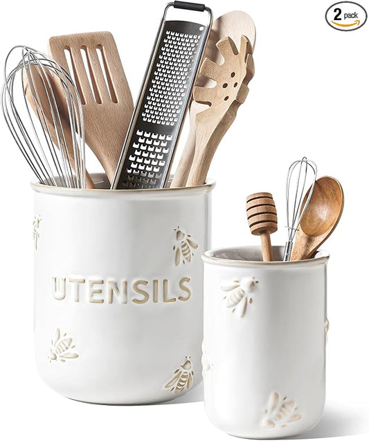 LE TAUCI Utensil Holder for Kitchen Counter - 6.9"+5.3" Ceramic Kitchen Utensil Holder Set of 2, Large Cooking Utensil Crock & Organizer for Spatula, Spoon - Embossed Kitchen Decor, White,Bee