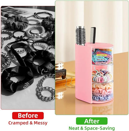 neotidy Hair Accessories Organizer with Hair Brush Holder, Rotating Hair Tie Product Organizer for Girls, 3-Tier Makeup Brush Holder for Clips, Bows & Brushes (Pink, 3-Tier)