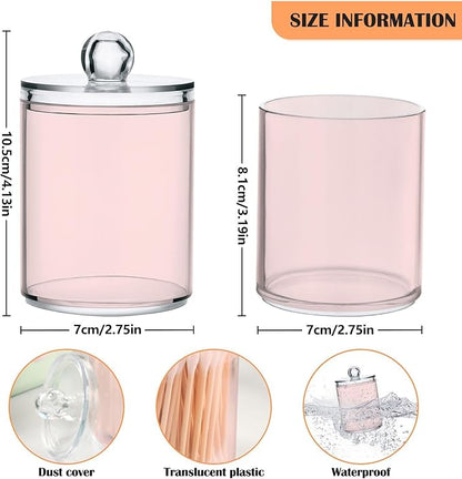 Misty Rose Pink Qtip Dispenser Apothecary Jars Bathroom Qtip Holder Storage Canister 10 Oz Plastic Jar for Cotton Ball Swab Round Pads Floss 2pcs
