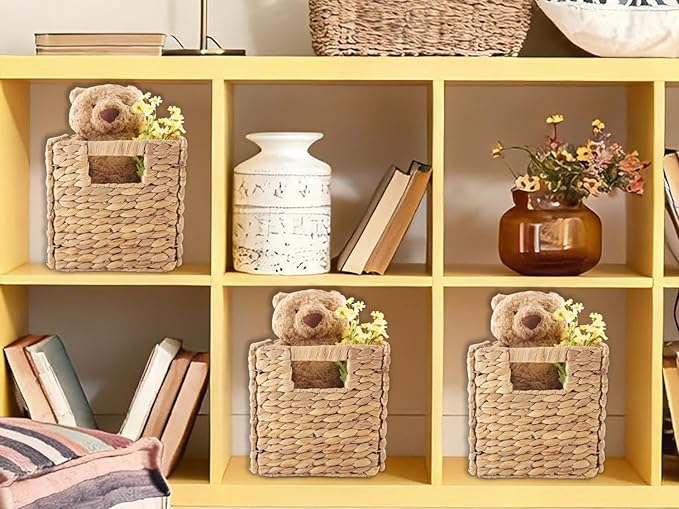 YAHUAN Foldable Water Hyacinth Storage Cubes 9X9 Hand Woven Wicker Storage Bins Square Basket Storage Baskets for Shelves (Water hyacinth 2-pack)