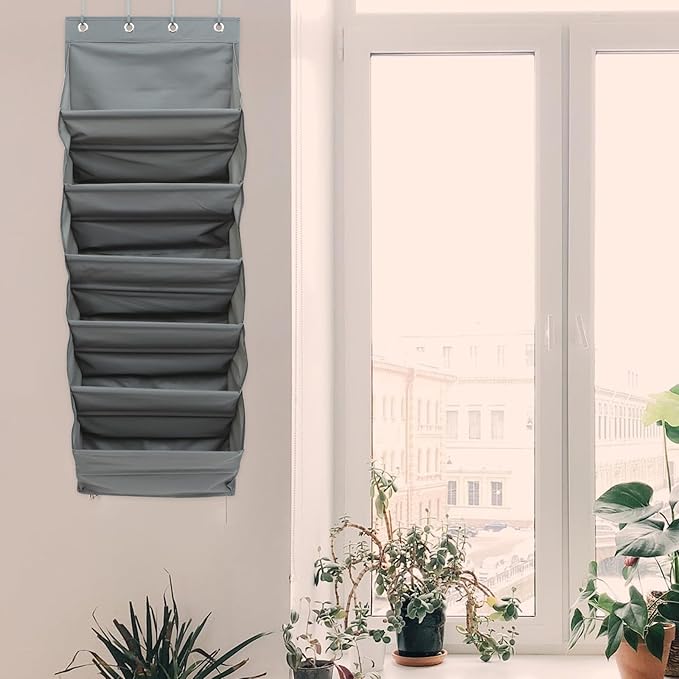 Wall Hanging Bag with Gray Compartments Over Door Storage Organizer with Detachable Hooks for Shoes Slippers Craft Supplies and Household Items in Bedroom Office Dormitory
