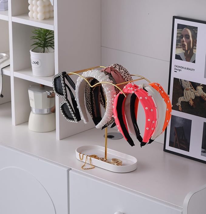 Headband Holder with Ceramic Jewelry Tray,Headband Organizer for Women Girls,Hair Hoop Band Ear Display Stand,Aesthetic Vanity Hair Accessories Organizer for College Dorm Room Gold Decor
