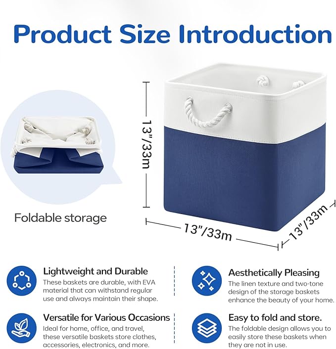 13 x 13 Inch Cube Storage Bins, 6 Pack Fabric Storage Basket with Handles, Foldable Boxes Organizer for Shelf Baskets for Home, Clothes (White/Blue)