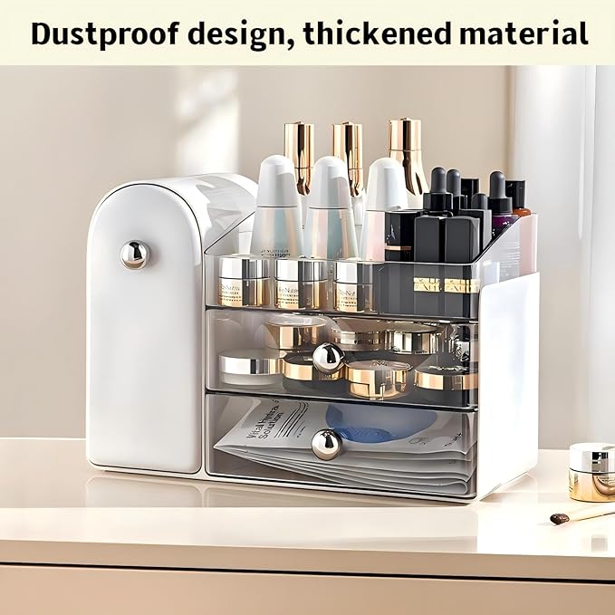 Makeup Organizer for Vanity with Covered Brush Holder，Bathroom Organizers with Drawer，Skin Care Organizer，Makeup Organizers for Vanity with Drawer，Large Makeup Storage for Dresser, White