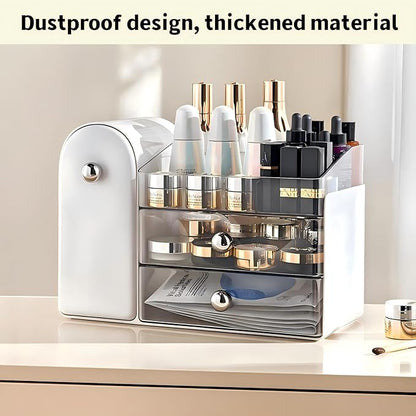 Makeup Organizer for Vanity with Covered Brush Holder，Bathroom Organizers with Drawer，Skin Care Organizer，Makeup Organizers for Vanity with Drawer，Large Makeup Storage for Dresser, White