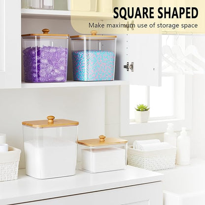 TeSabMi Laundry Storage Containers - Large Detergent Powder Storage with Wooden Lids & Labels, Laundry Pods Holder for Scent Booster, Powder & Pods, Laundry Room Organization 3+1 Pack