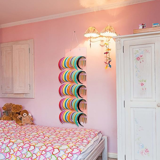 Tudomro Hanging Headband Holder for Girls Felt Hair Accessories Organizer with 60 Elastic Bands Bow Hanger for Girls Hair Bows Without Headbands(Pink,Plain Style)