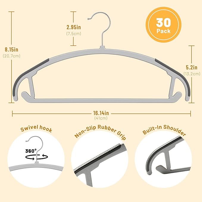 Arc Design No Shoulder Bump Plastic Hangers 30 Pack, Ultra Thin Non-Slip Hangers for Clothes, Heavy Duty Clothes Hangers, 360° Swivel Silver Hook-Space Saving Closet Organizer (Grey)