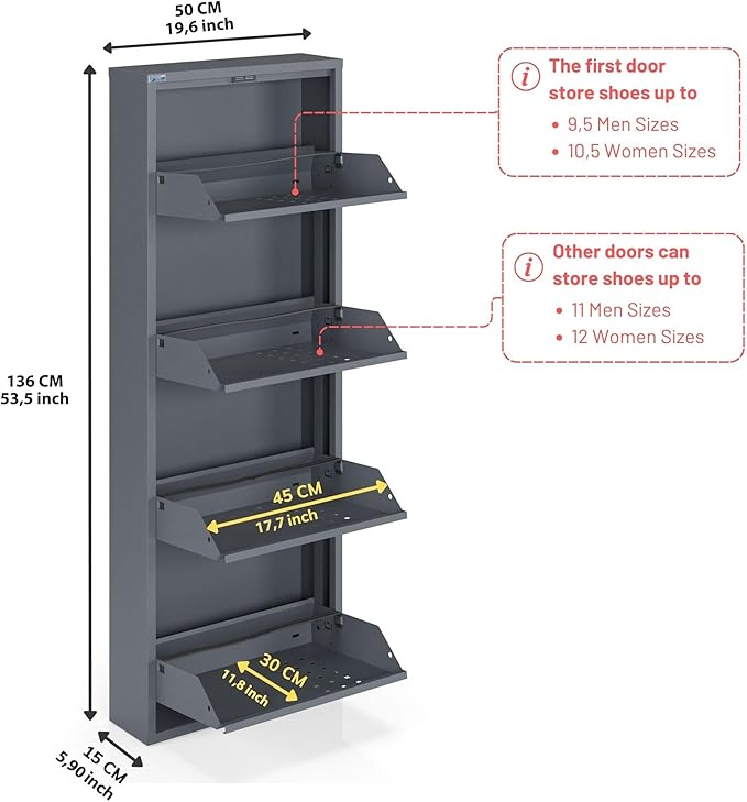 4 Tier Metal Shoe Cabinet with Cover, Durable Shoe Storage Organizer for Entryway, Space Saving Shoe Shelf Closet with Front Ventilation Holes, 5.91" x 53.5" x 19.68", Anthracite