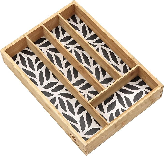 Pristine Bamboo Kitchen Drawer Organizer - Silverware & Utensil Organizer, 5-Slot, Geometric Print
