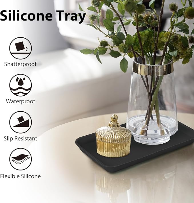Countertop Vanity Tray, Bathroom Silicone Shatterproof Tray, Soap and Sponge Holder for Kitchen Sink Toilet Tank, Bathroom Holders for Counter, Perfume Candle Key Valet - Black - Black