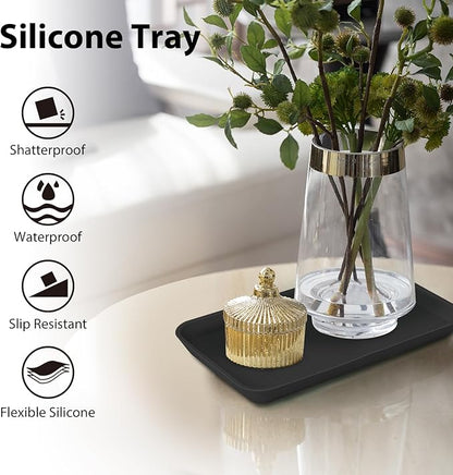 Countertop Vanity Tray, Bathroom Silicone Shatterproof Tray, Soap and Sponge Holder for Kitchen Sink Toilet Tank, Bathroom Holders for Counter, Perfume Candle Key Valet - Black - Black