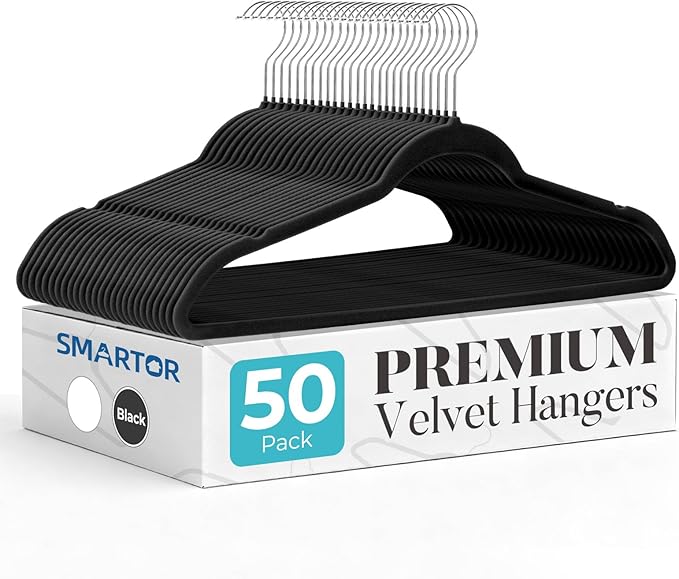 Smartor Black Velvet Hangers 50 Pack, Non Slip Clothes Hangers with Shoulder Notches, Premium Slim Space Saving Felt Hanger for Closet Organizers and Storage, Heavy Duty Hanger for Coat