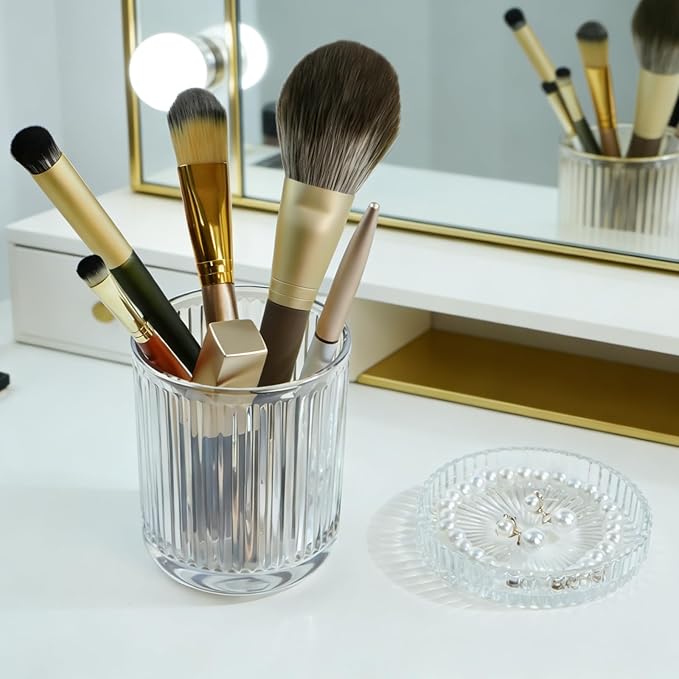 2 Pack Glass Container Qtip Holder with Lid, Mouthwash Cup,Cosmetic Storage for Bathroom,Glass Jars for Cotton Swabs,Makeup Pads,Dental Flossers,Jewelry Trays,Glass holders,Clear