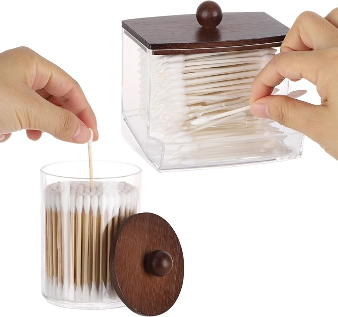 Tbestmax Qtips Holder Dispenser, 10 Cotton Ball/Swabs Storage Containers, Apothecary Jars for Bathroom Organizer Bambooo Lids
