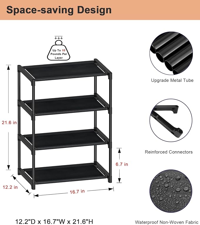 HITHIM 4 Tiers Small Shoe Rack,Narrow Stackable Shoe Shelf Organizer,Sturdy Shoe Stand, Non-Woven Fabric Metal Shoe Racks for Entryway, Doorway and Bedroom Closet