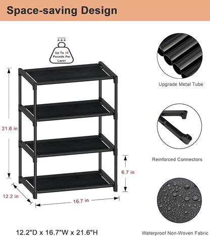 HITHIM 4 Tiers Small Shoe Rack,Narrow Stackable Shoe Shelf Organizer,Sturdy Shoe Stand, Non-Woven Fabric Metal Shoe Racks for Entryway, Doorway and Bedroom Closet