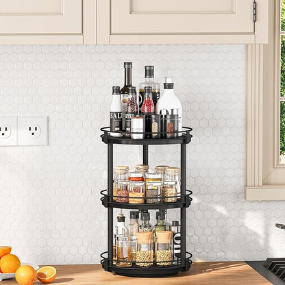 Snughome Lazy Susan Organizer, 3 Tier Rotating Spice Rack for Countertop, Turntable Lazy Susan Kitchen Countertop Organizer, 10.2" x 10.2" x 18.5", Black