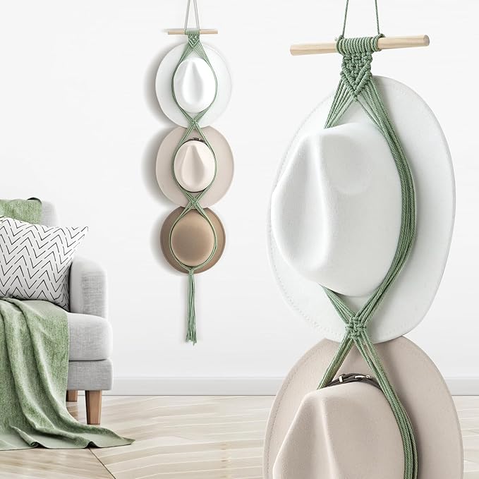 Yulejo Macrame Hat Hangers Racks Boho Cowboy Hats Holders Western Display Organizer Storage decor Back of Door for Wall(Sage Green,Three Hats Style)